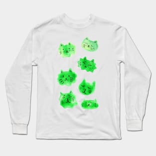 Green Kitty Faces Watercolor Long Sleeve T-Shirt